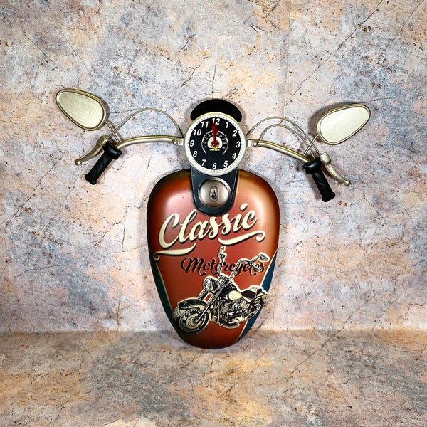 Horloge murale de moto vintage en métal - Décoration de motard classique - Design de vélo rétro avec horloge fonctionnelle - Cadeau unique pour les amateurs de moto