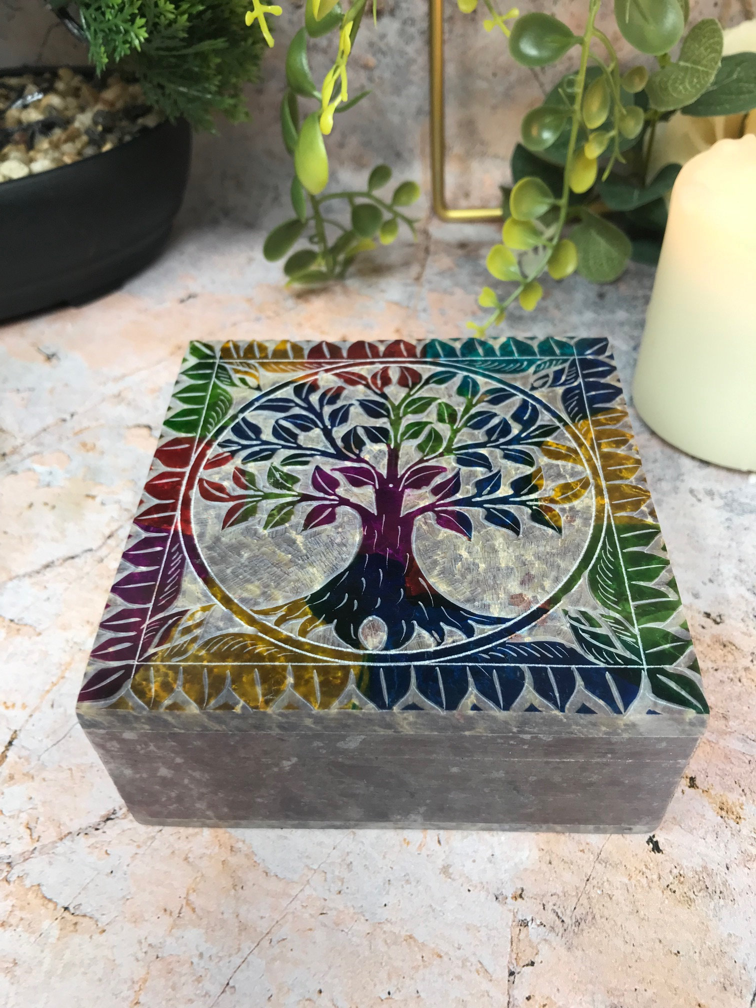 Soapstone Tree of Life Box Altar Decor, Engraved Stone Keepsake, Artisan Crafted Jewellery