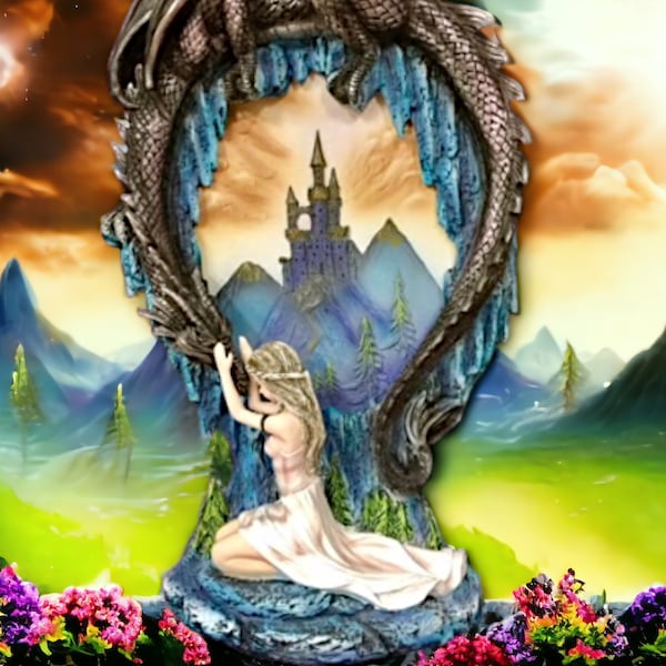 Bezaubernde Drachen Wächterin und Maiden Figur, Mystische Schloss Diorama Fantasy Ornament, Skulptur für Wohnkultur, Einzigartiges Fantasy Kunstwerk