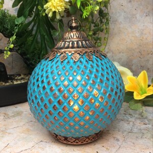 Moroccan Style LED Lantern Blue Pattern with Bronze Finish Lights up Home Decor H18