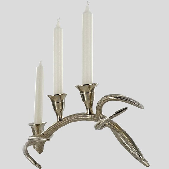 Silver Effect Antler Three Taper Candle Holder Winter Stag Deer Country Home Decor Ornament Or Gift