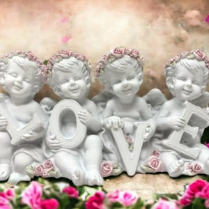 Cherub LOVE Letter Statues, Angelic Figurines, Resin Crafted Cherubs with Roses, Home Decor Sculptures, Romantic Tabletop Ornament