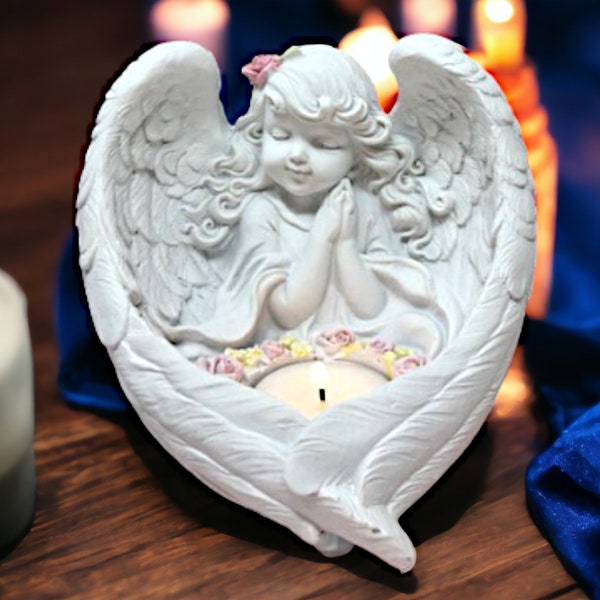 Praying Angel Cherub Candle Holder, Serene Figurine Spiritual Candle Decor, Peaceful Art, Divine Light Accent, Inspirational Home Ornament