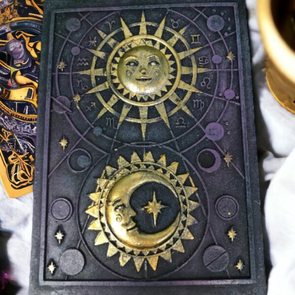 Celestial Sun and Moon Tarot Box, Mystical Altar Decor, Wiccan Pagan Resin Storage, Quality Oracle Card Holder, Astrological Home Ornament