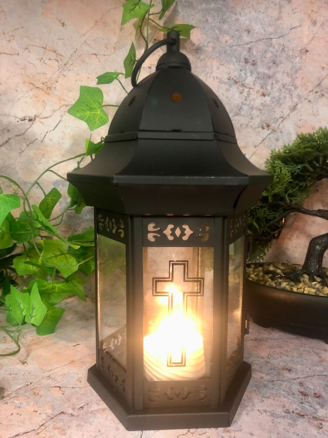 Intricate Glass and Metal Memorial Candle Holder for Graveside