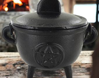 Cast Iron Pentagram Cauldron - Witchcraft & Spellcraf, Black Ritual Pot, Wiccan Altar Supply