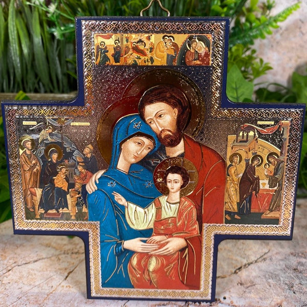 Exquisite Handcrafted Wood Cross Icon of the Holy Family - A Timeless Symbol of Faith and Devotion