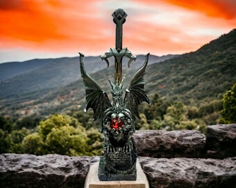 Majestic Dragon Letter Opener, 27cm Resin and Metal Mythical Desk Accessory, Gothic Office Decor, Fantasy Sword Paper Cutter