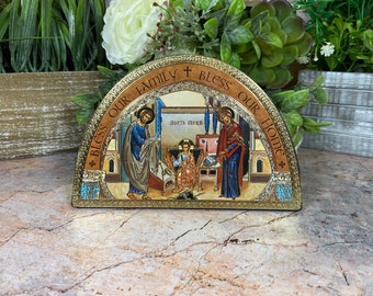 Heilige Familie Houten Icoon | 12 x 8cm | Handgemaakte wandplaat | Heilige religieuze kunst | Spirituele woondecoratie | Uniek christelijk geschenk