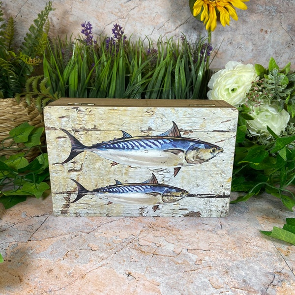 Vintage Style Handmade Mackerel Hinged Storage Box Reclaimed Wood Home Upcycled Decor Drift Wood Eco Friendly Ornament