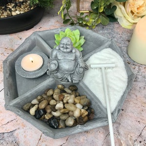 Kit de jardín zen Mini espacio de meditación y relajación de Buda Juego completo con arena, rastrillo, vela y decoración imagen 2