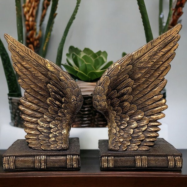 Angel Wings Bookends - Resin Cast Sculptures, Decorative Heavenly Book Holders, Antique-Style Library Accent, Inspirational Home Decor