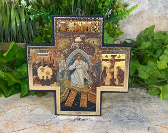 Wooden Icon Cross of God the Father - Handcrafted Religious Art Piece - 15 cm