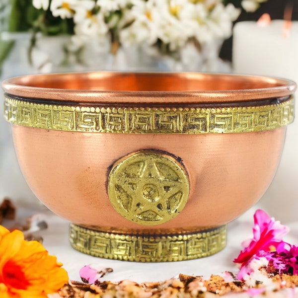 Sacred Pentagram Small Copper Bowl with Brass Details Bronze-Finished Metal Bowl, Esoteric Altar Piece, Wiccan Ritual Offering Bowl