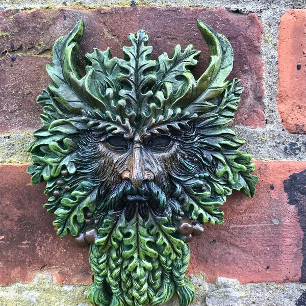 Green Man Garden Wall Plaque Mythical Leaf Face Sculpture, Pagan Nature Spirit Decor, Celtic Forest Deity Resin Art, Outdoor Enchantment