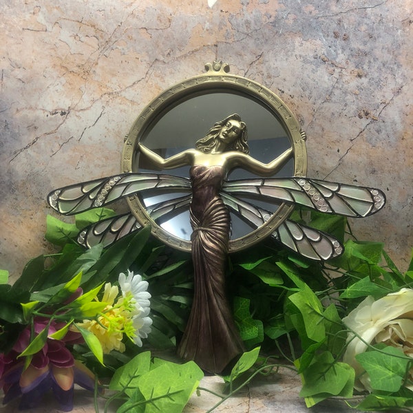 Stylish Dragonfly Lady Art Nouveau Wall Mirror: Hand Painted Resin Ornament for Home Decor