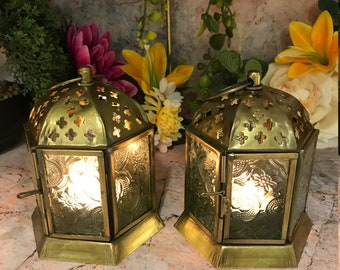 Pair of Moroccan Style Lanterns Brass Antique Tea Light Candle Holders