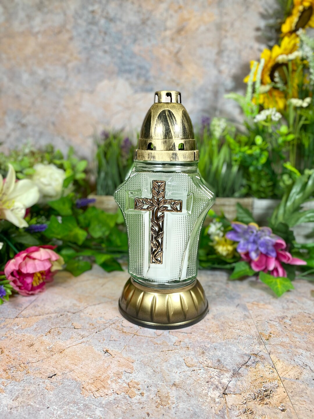 Handmade Glass Grave Candle Holder With Cross Design Eternal Etsy