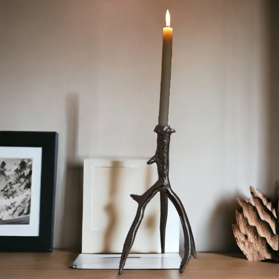 Artisan Silver Antler Candlestick Holder Metal Sculpted Taper