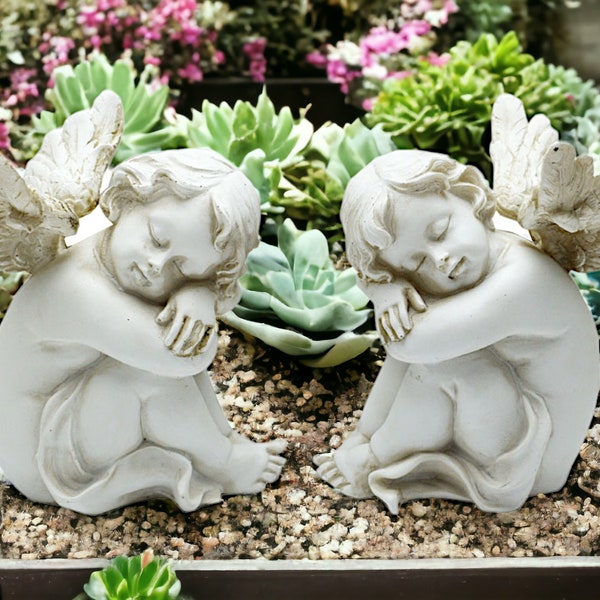 Angelic Grace - Pair of Cherubs Statues, Angel Ornaments, Garden or Graveside Decor, Peaceful Cherubim Figurines, Ethereal Divine Guardians