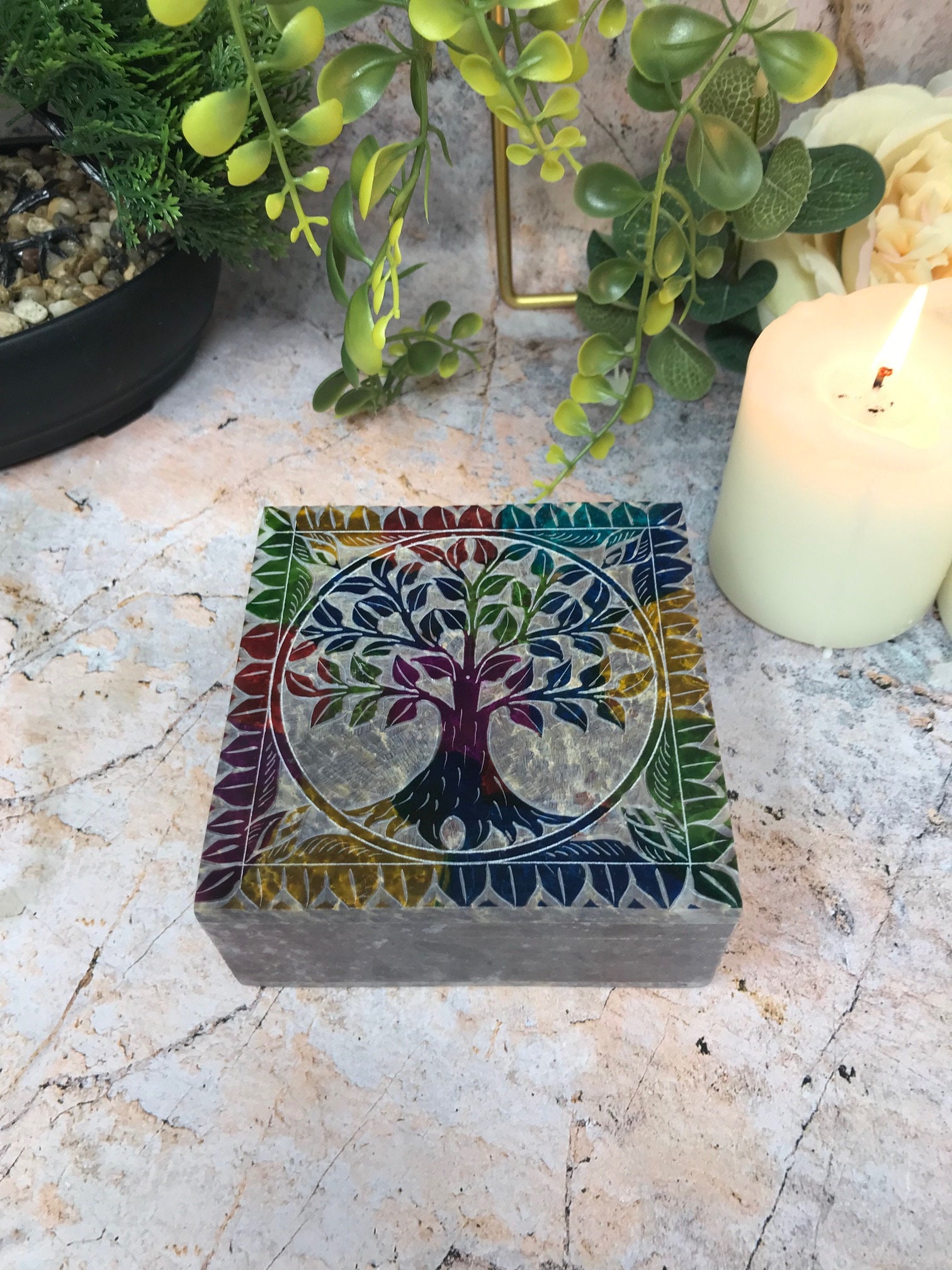 Soapstone Tree of Life Box Altar Decor, Engraved Stone Keepsake, Artisan Crafted Jewellery