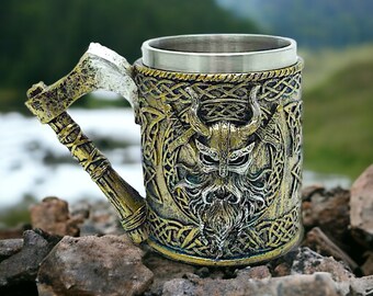 Valhalla Silver Tankard with Axe Handle Viking Warrior Drinking Cup Stein Ornament Table Decoration Norse Mythology Inspired