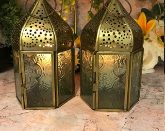 Set of Two Moroccan Style Lanterns Brass Tea Light Candle Holders Ornaments