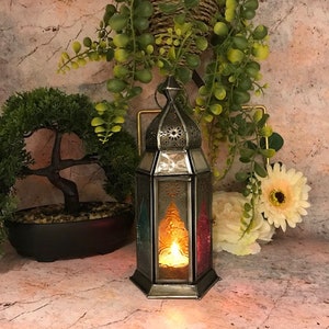 Artisanal Moroccan-Inspired Metal Lantern with Stained Glass Panels, Vintage Handcrafted Decorative Light