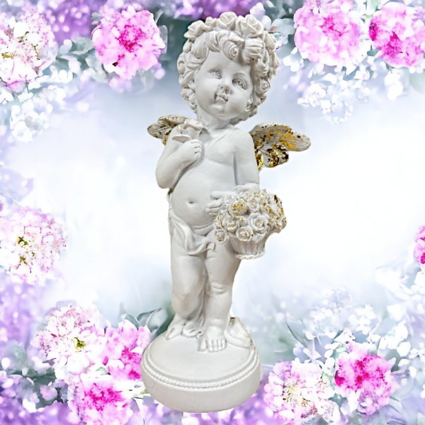 Elegant Cherub with Golden Rose Basket Statue, Artisanal Cherub Sculpture, Heavenly Floral Decor, Angelic Figurine, Unique Handcrafted Gift