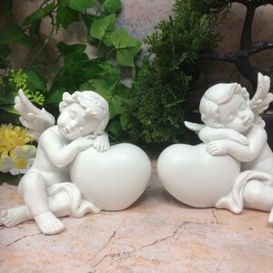 Twin Cherub Heart Figurines, Baby Angel Statuettes, Cherubs on Hearts, Angelic Love Ornament Set, Divine Nursery Decor Resin Figurines