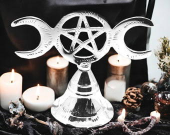 Silver Triple Moon Goddess Pentagram Bell Wiccan Altar, Pagan Ceremony Chime, Esoteric Home Decor, Witchcraft Ritual Tool, Metaphysical Gift