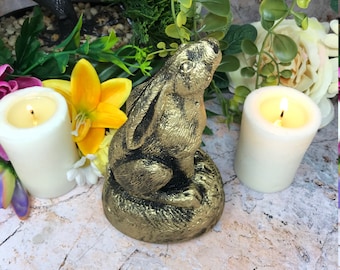 Antique Gold Effect Moon Gazing Hare Pagan Statue Wiccan Sculpture Ornament