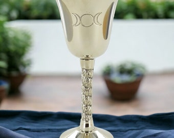 Silver Triple Moon Goddess Goblet Metallic Ritual Cup, Wiccan Altar Supplies, Pagan Drinkware, Esoteric Ceremonial Chalice, Moon Phase Decor