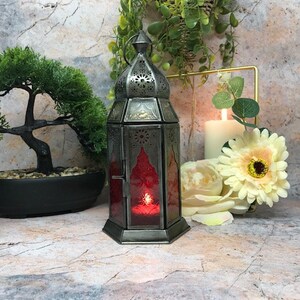 Moroccan Style Lantern Zinc Antique Red Glass Tea Light Candle Holder Home Decoration