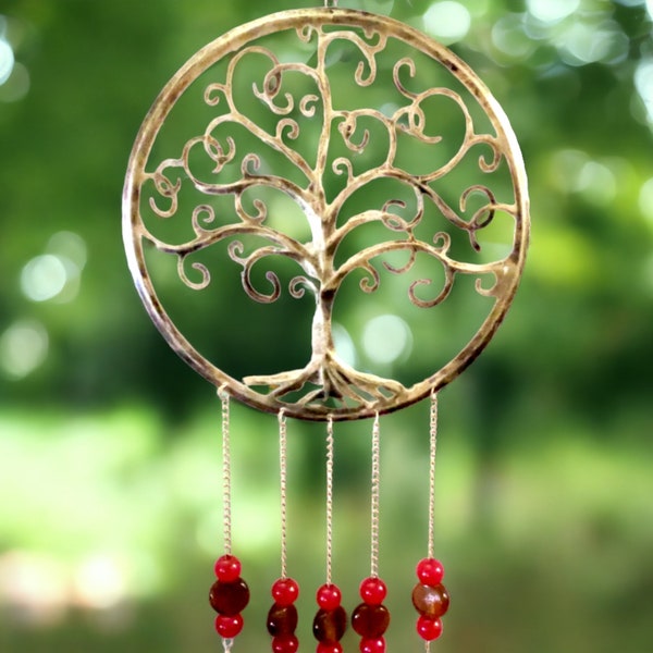 Carillon à vent en métal arbre de vie avec cloches harmoniques carillon spirituel fabriqué à la main, décor de jardin rustique, art extérieur méditatif