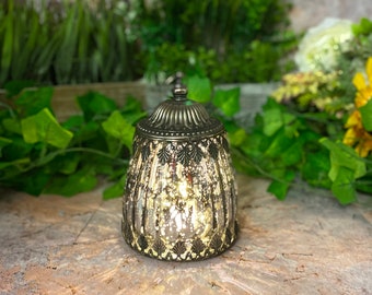 Moroccan Style LED Glass Lantern Grey Antique Effect Pattern with Lights Included Home Decoration Gift 15 cm