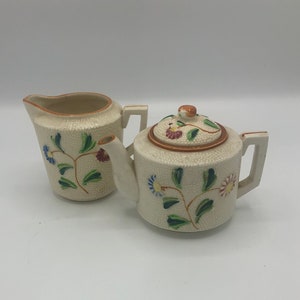 Handbemaltes Keramik Milchkännchen und Teekanne Set. Hergestellt in Japan.