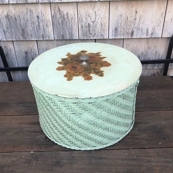 1940's Harvey green wicker sewing basket