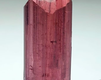 May include: A deep pink, translucent, elongated crystal with striations and a pointed top. The crystal is resting on a gray rock.
