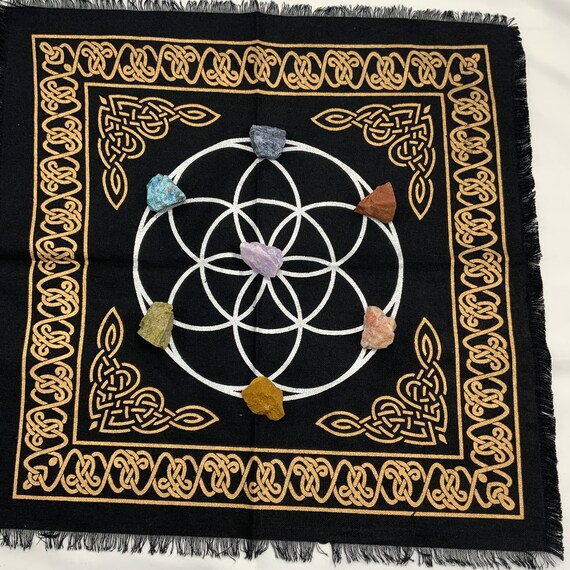 SEED of LIFE crystal grid Altar Cloth 18x18" Gold & Silver print on Black with CHAKRA stones