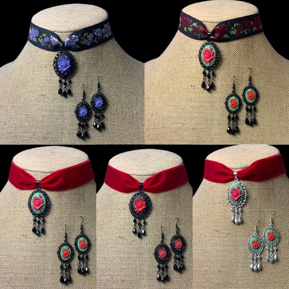 ROSE cameo choker earring set necklace gothic wedding Halloween Victorian