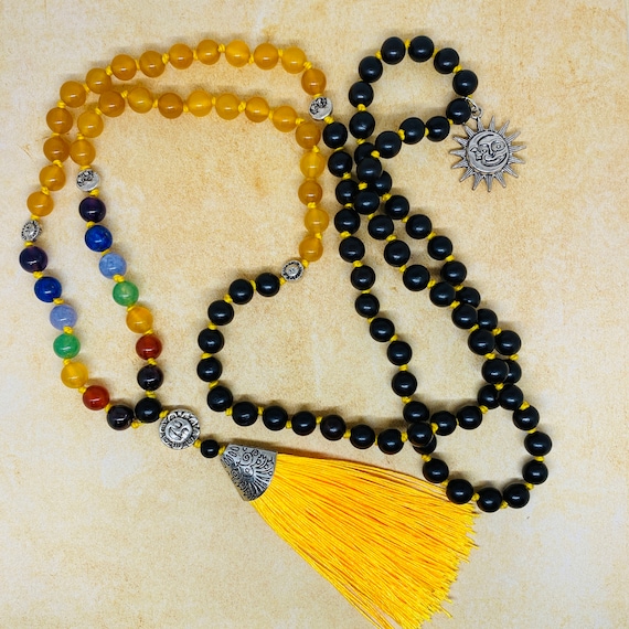 Hand Knotted CHAKRA MALA 108 8mm Beads Natural Stone, Yellow Jade, Ebony Wood, Sun, Moon, Stars
