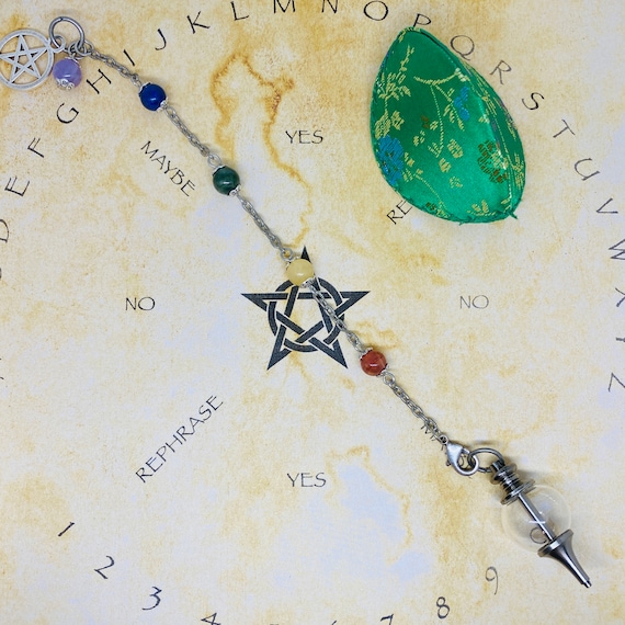 Handmade natural gemstone PENDULUM chain bracelet with fillable glass SEPHOROTON and Pentacle charm and natural stone beads