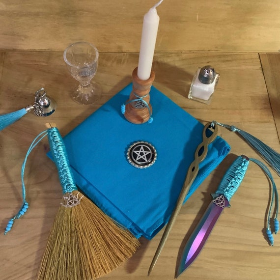 AQUA BLUE TRIQUETRA Altar tools set nine piece elemental witchcraft wicca pagan kit travel beginner