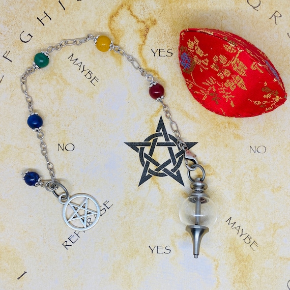 Handmade natural gemstone PENDULUM chain bracelet with fillable glass SEPHOROTON and Pentacle charm and natural stone beads