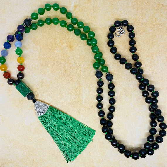 Hand Knotted CHAKRA MALA 108 8mm Beads Natural Stone, Green Jade, Ebony Wood
