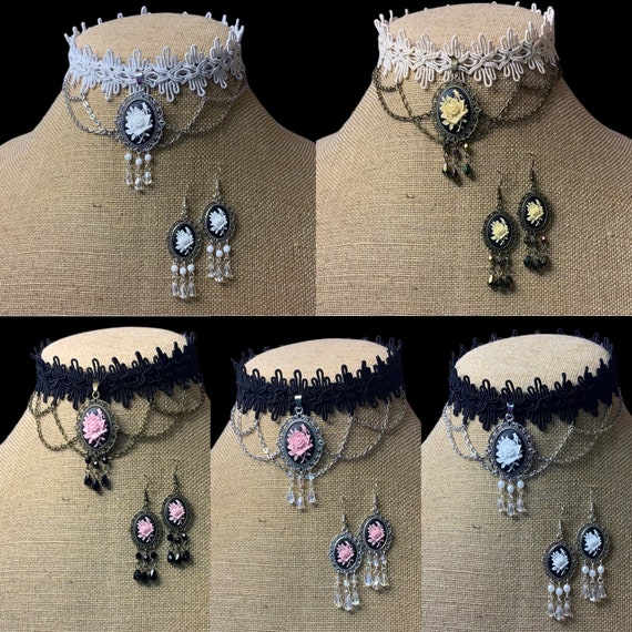 ROSE cameo chandelier choker earring set necklace gothic wedding Halloween Victorian