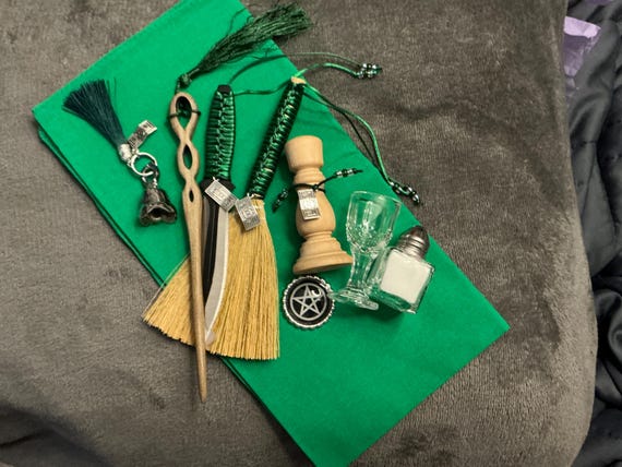Special order GREEN abundance  ALTAR tools set nine piece elemental witchcraft wicca pagan kit travel beginner