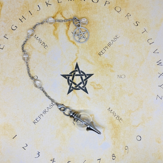 Handmade Crystal QUARTZ PENDULUM chain bracelet with fillable glass SEPHOROTON and Pentacle charm and natural stone beads