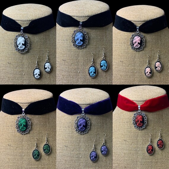 LOLITA SKULL cameo choker earring set necklace gothic wedding day of the dead Halloween Victorian
